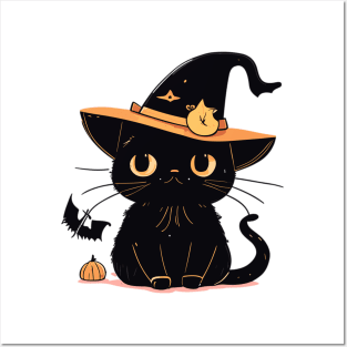 Cute black Halloween kitty in a hat Posters and Art